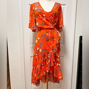 Bundle-and-Save Orange Floral Wrap Sundress V-Neck Flutter Sleeves